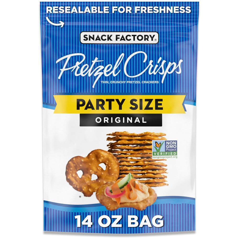 Snack Factory Original Pretzel Crisps bag ideal for parties and sharing.