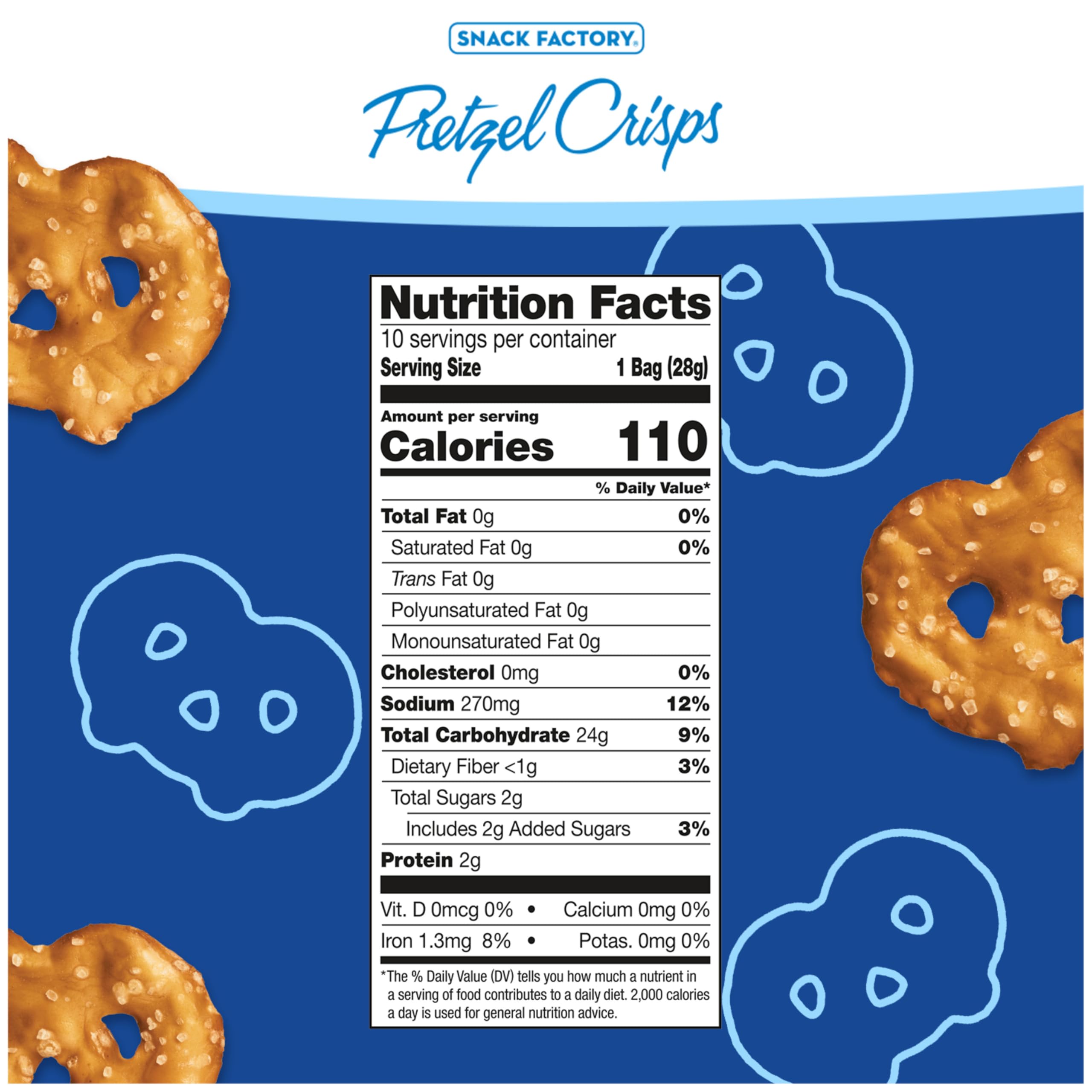 Snack Factory Pretzel Crisps Original 10-pack emphasizes convenient single-serve snacking on the go