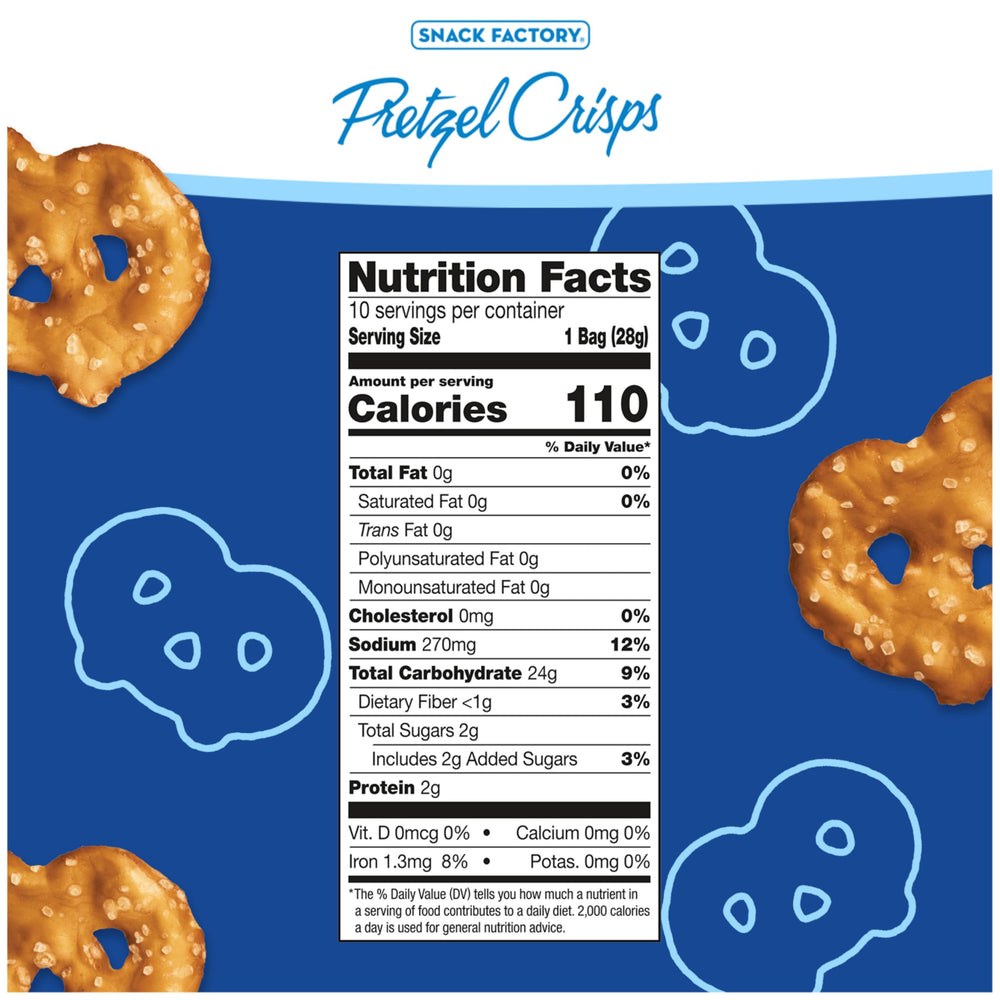 Snack Factory Pretzel Crisps Original 10-pack emphasizes convenient single-serve snacking on the go
