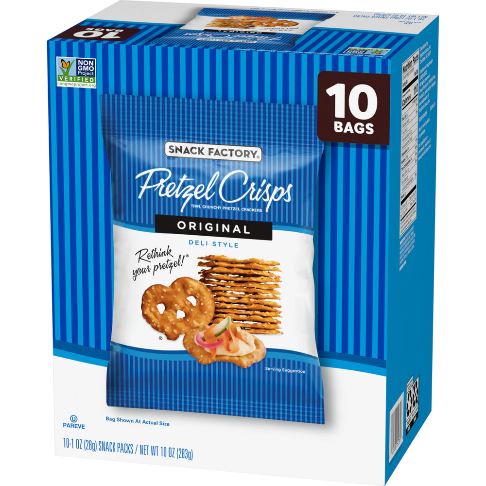 Snack Factory Pretzel Crisps Original on-the-go bag highlights portable crunch for lunches