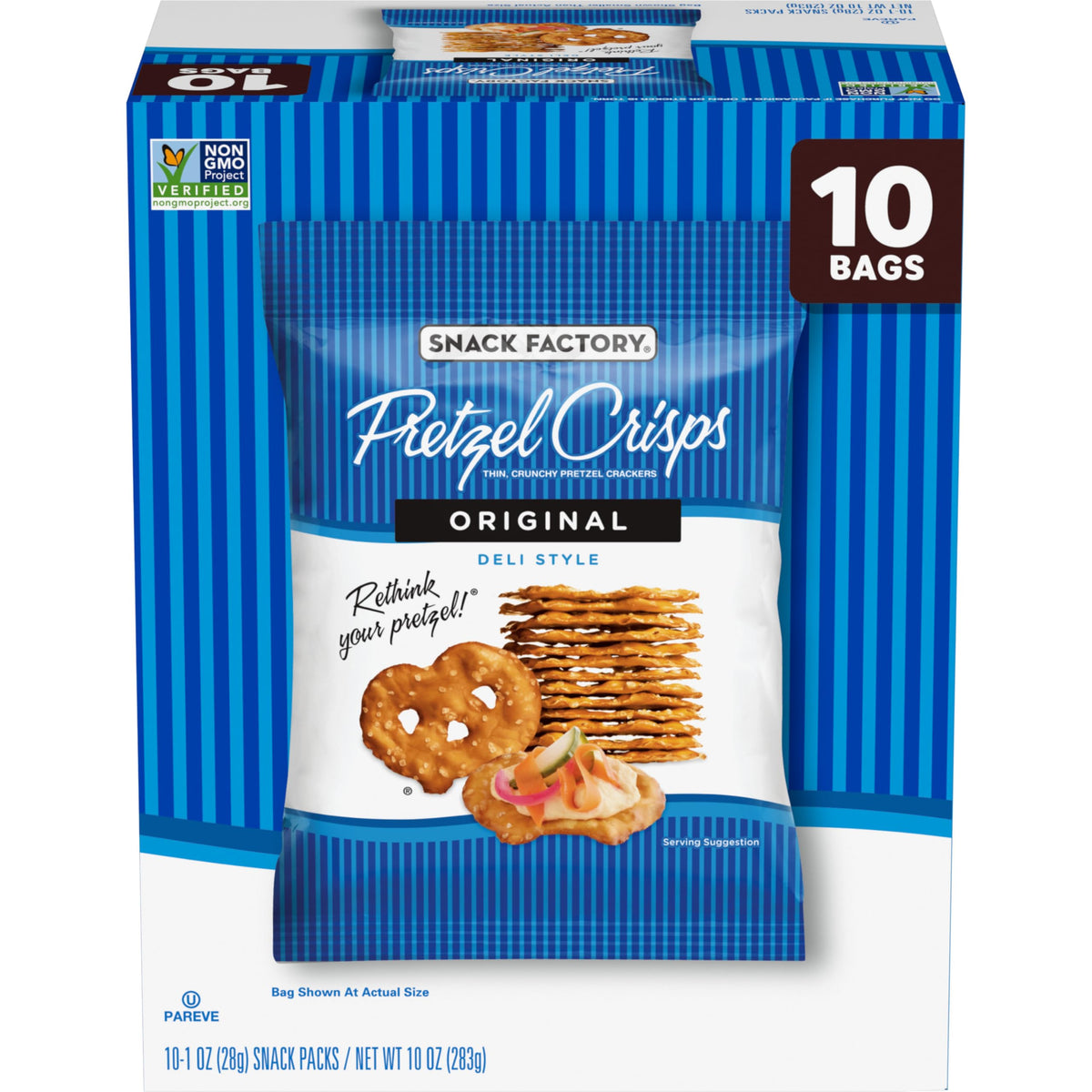 Snack Factory Pretzel Crisps Original pack closeup showing crisp texture ideal for dips