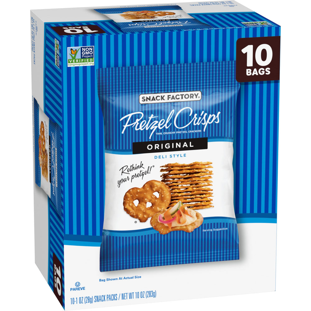 Snack Factory Pretzel Crisps Original with cheese pairing for speedy, satisfying bites