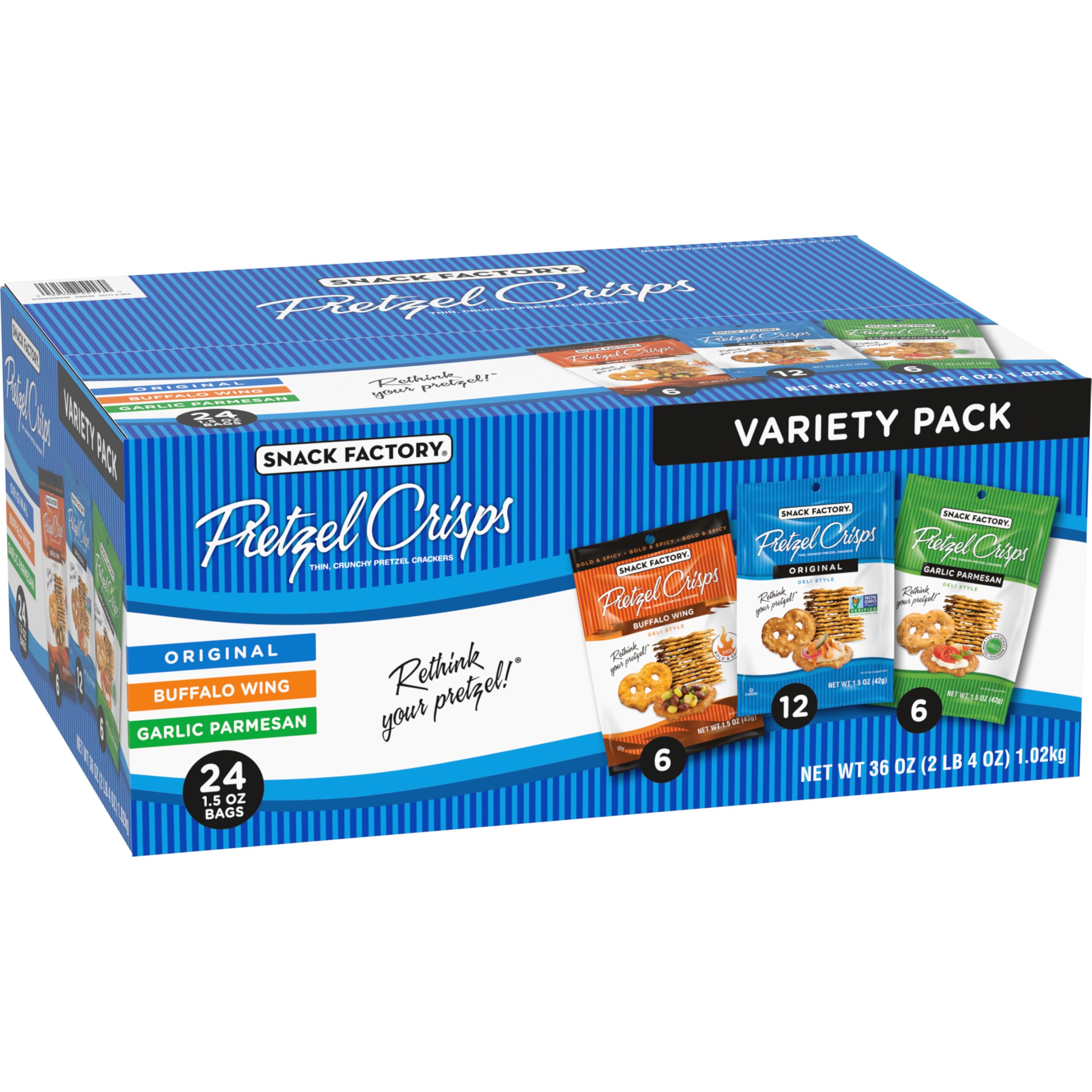 Snack Factory Pretzel Crisps pantry display for everyday snacking