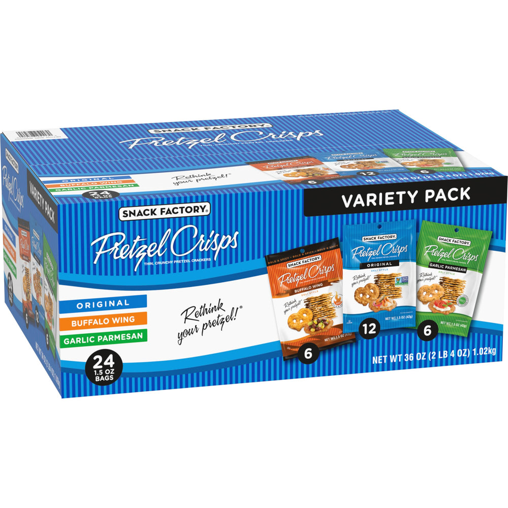 Snack Factory Pretzel Crisps pantry display for everyday snacking