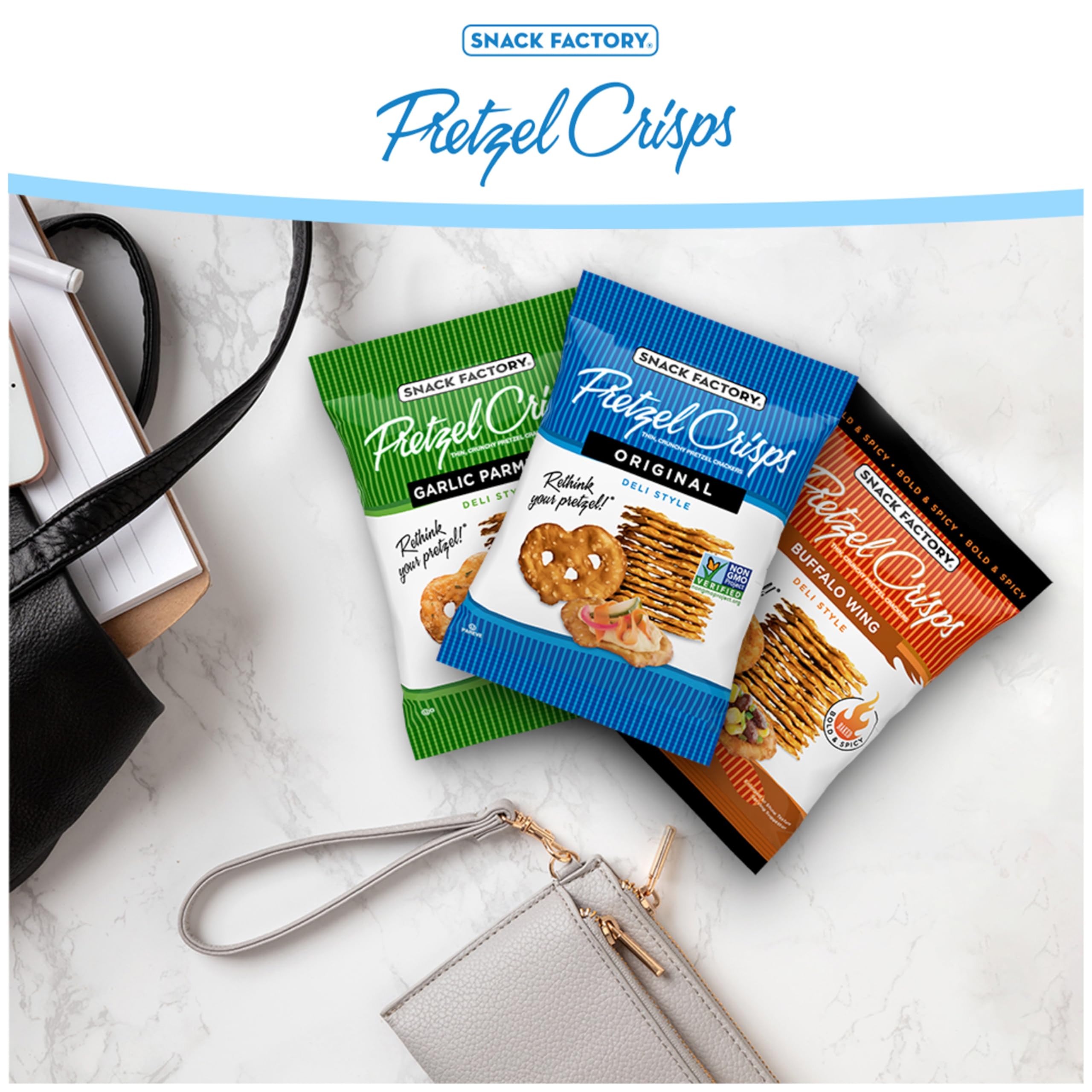 Snack Factory Pretzel Crisps Variety Pack box showing three flavors in one