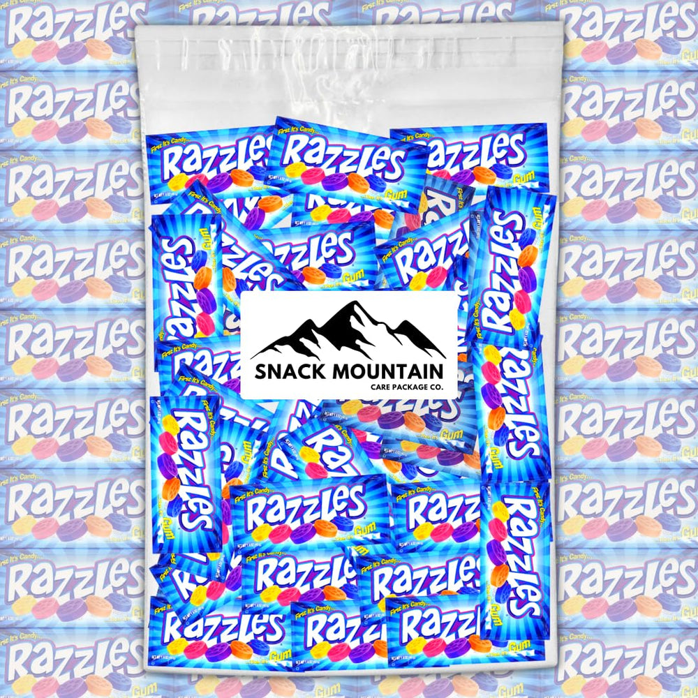 Snack Mountain Razzles on an office candy dish for quick pick-me-ups.