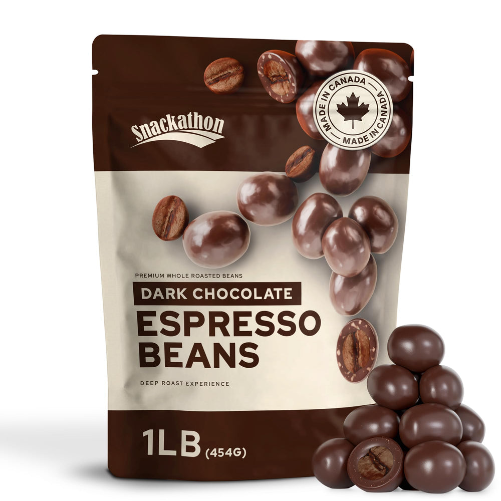 Snackathon dark chocolate espresso beans in a 1 lb bag for sharing and gifting.