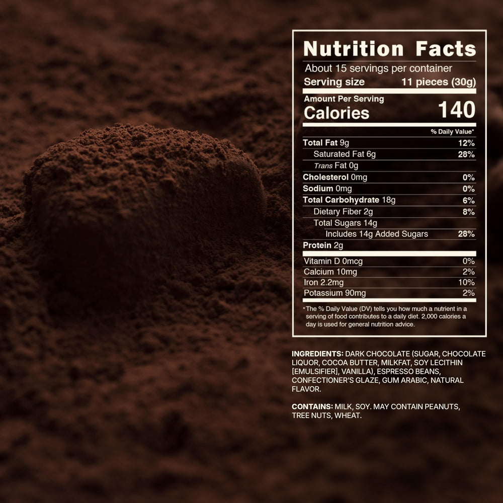 Closeup of glossy dark chocolate coated espresso beans with rich aroma.