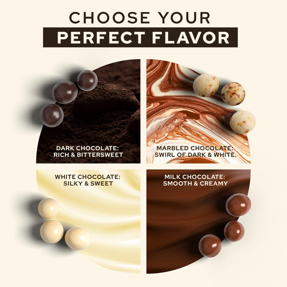 Gourmet coffee snack pack showing crunchy bean and smooth chocolate.