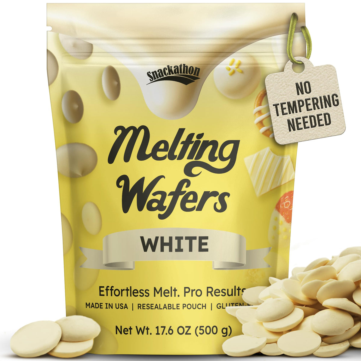 Snackathon melting wafers bulk bag front view for quick melting and convenient baking prep.