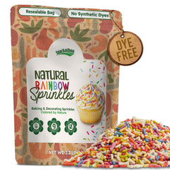 Snackathon natural rainbow sprinkles jar closeup showing plant-based colors for festive baking.