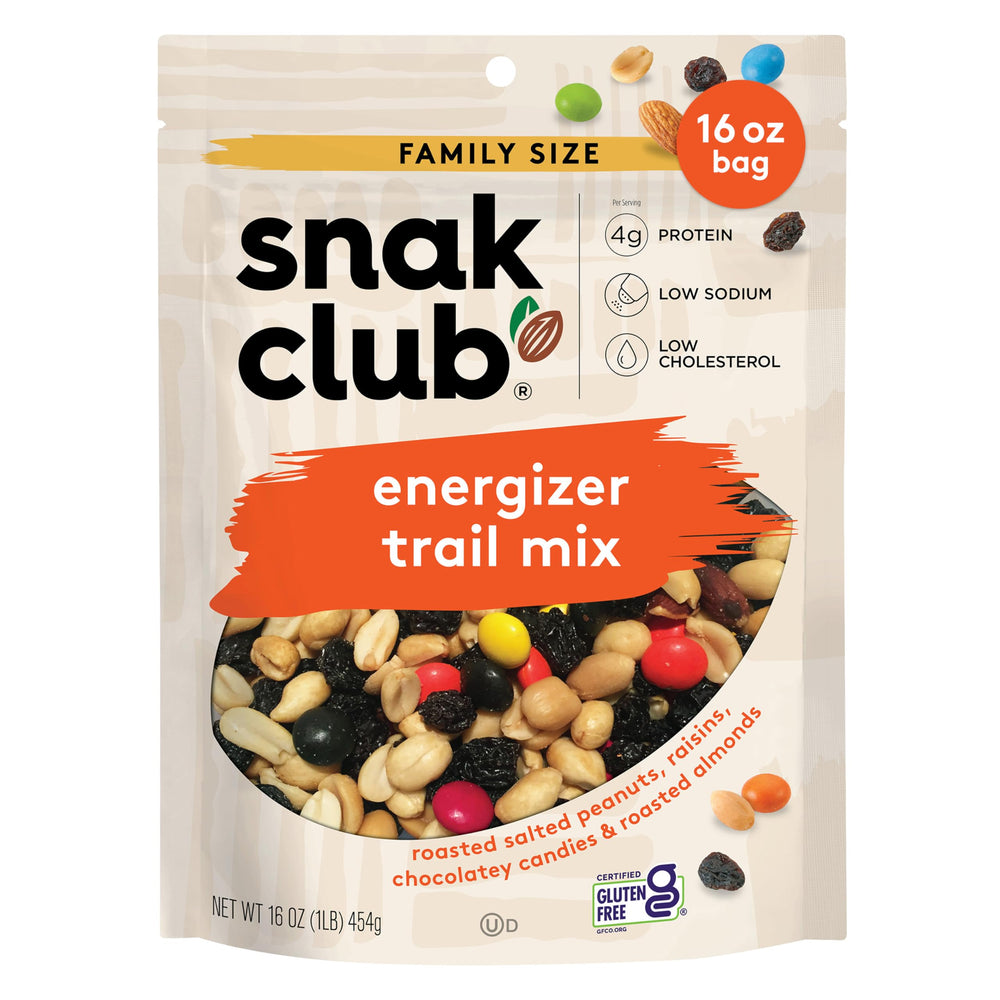 Snak Club Energizer Trail Mix in resealable bag keeps freshness for on-the-go snacking.
