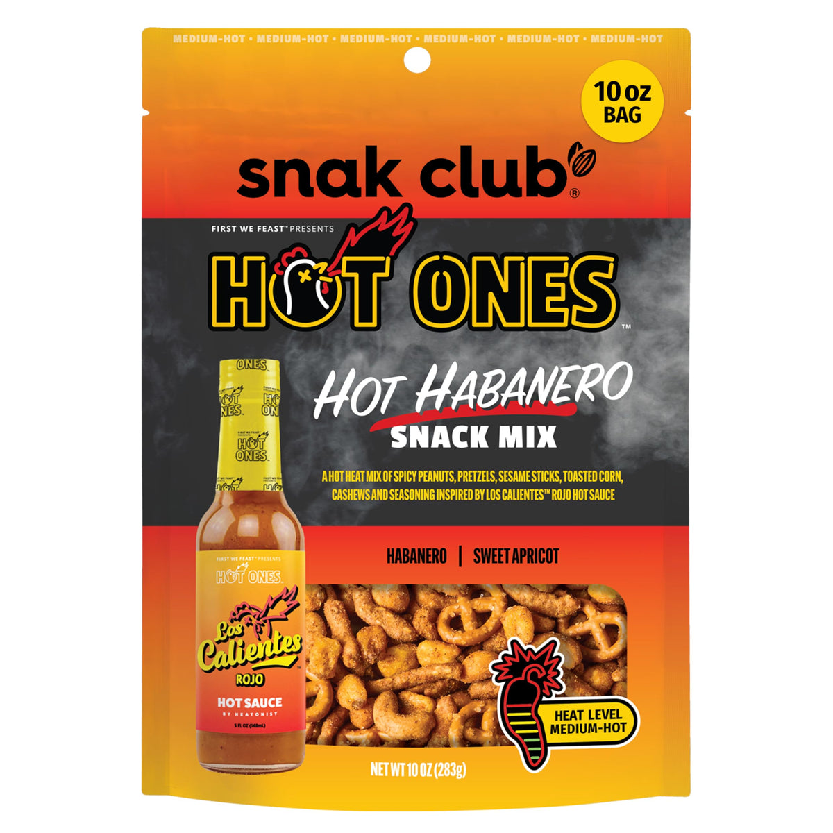 Snak Club Hot Ones Hot Habanero Snack Mix bag front shows bold heat