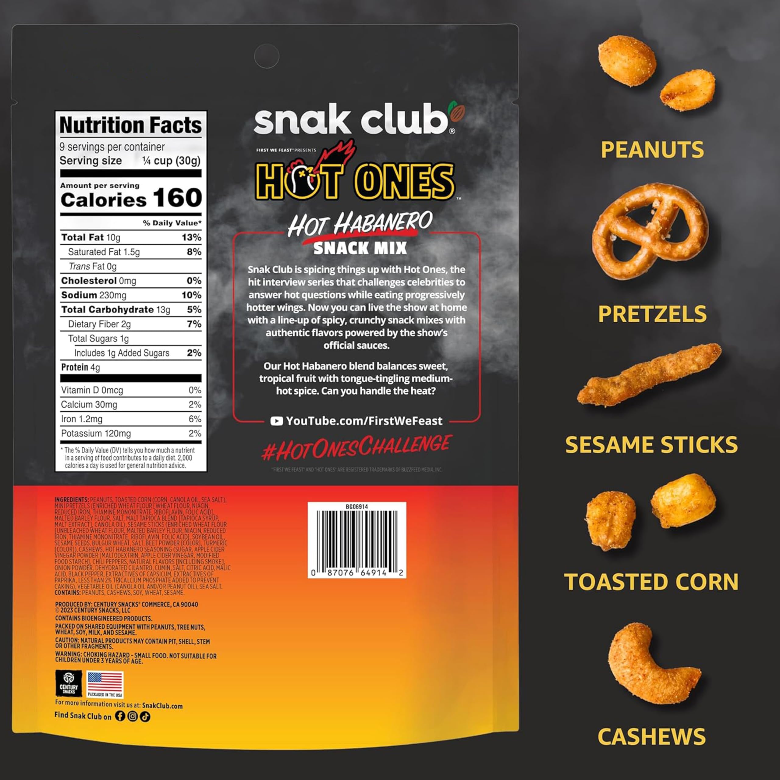 Close-up of peanuts, pretzels, sesame sticks in Snak Club mix for crunch