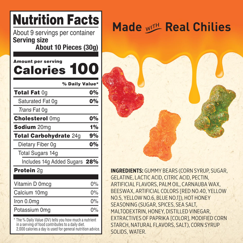Snak Club Mike’s Hot Honey Bears closeup emphasizes soft, chewy texture and juicy fruit notes.