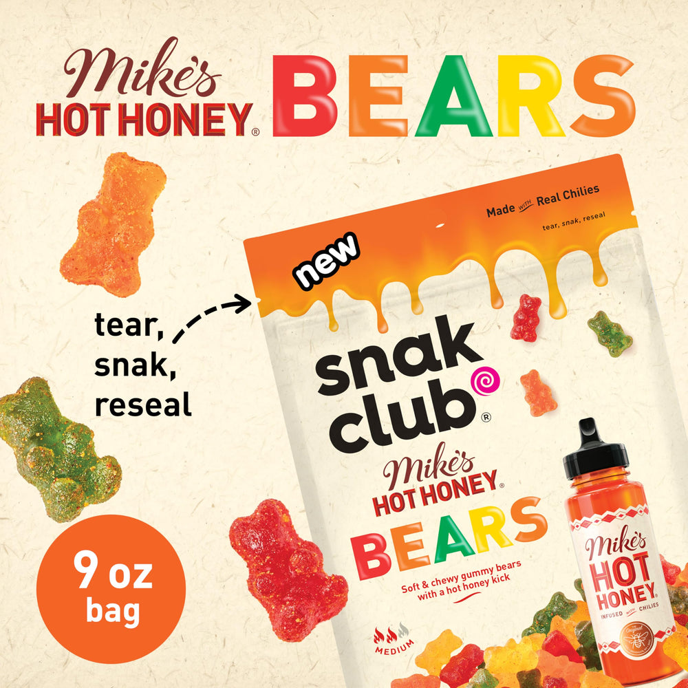 Snak Club Mike’s Hot Honey Bears soft-chewy focus highlights approachable snack with medium heat.