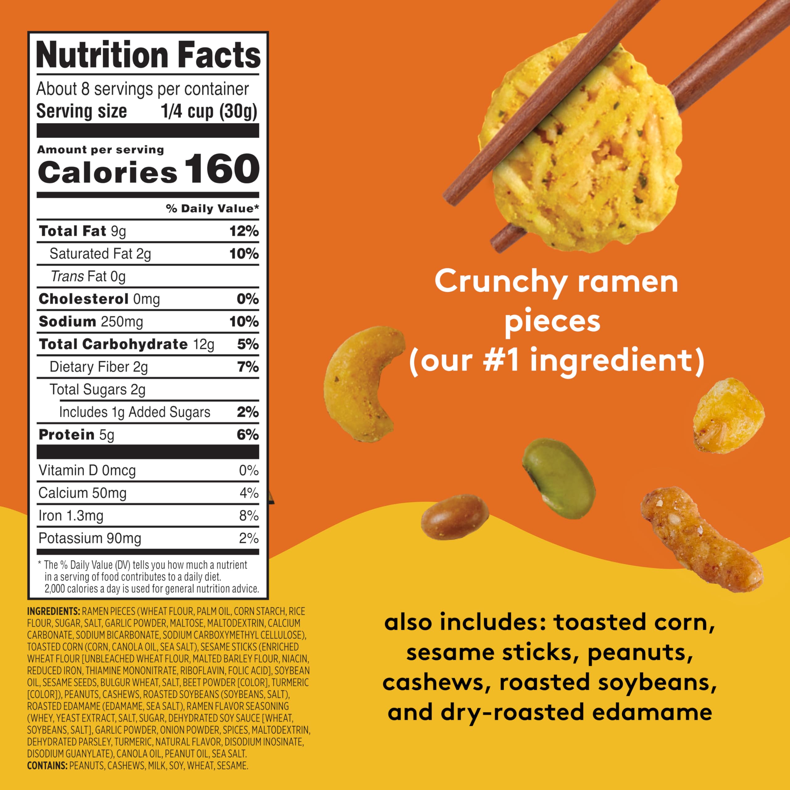 Toasted corn and ramen blend in Snak Club ramen snack mix.