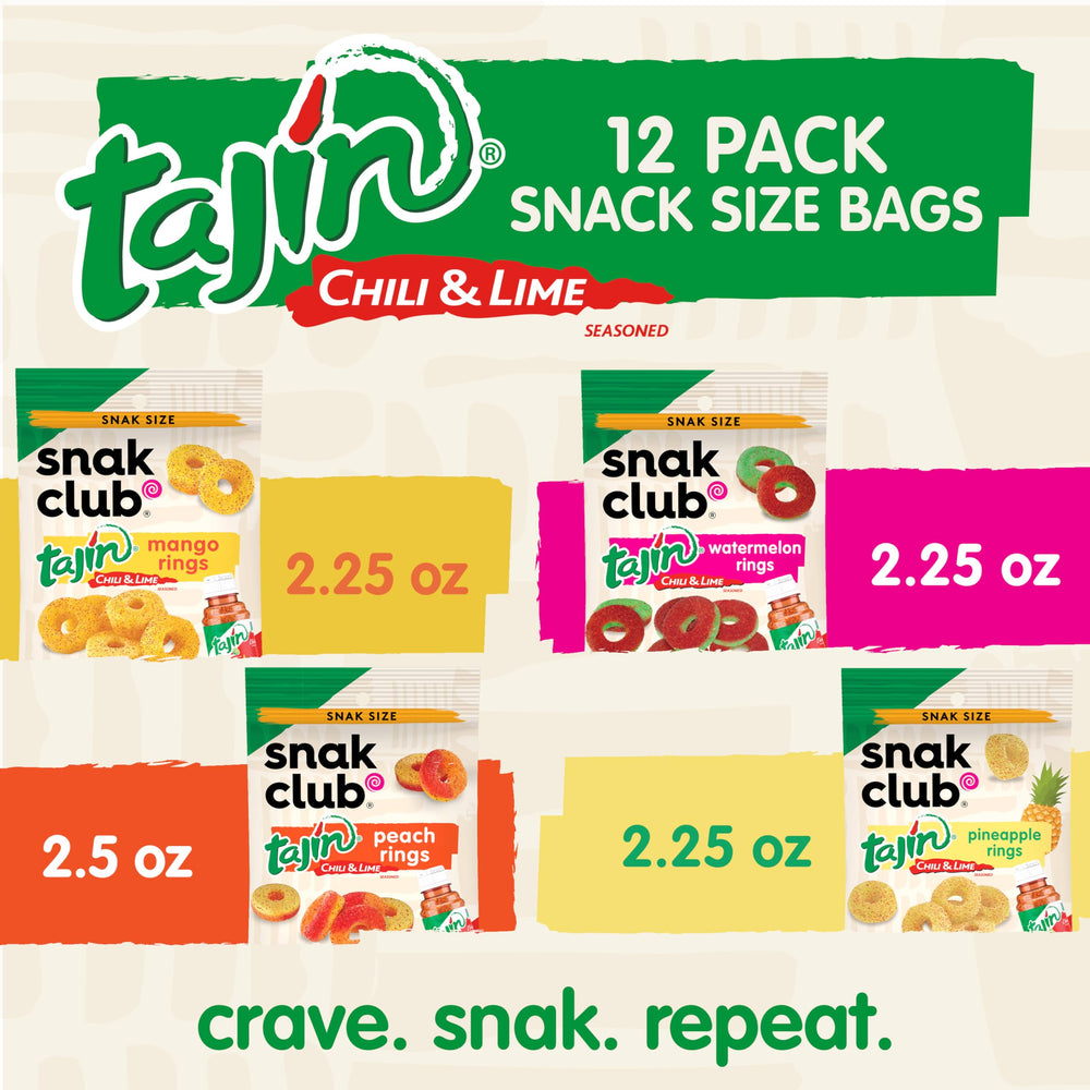 Snack-size bag of Snak Club Tajin Fruit Rings ready for sharing or travel.