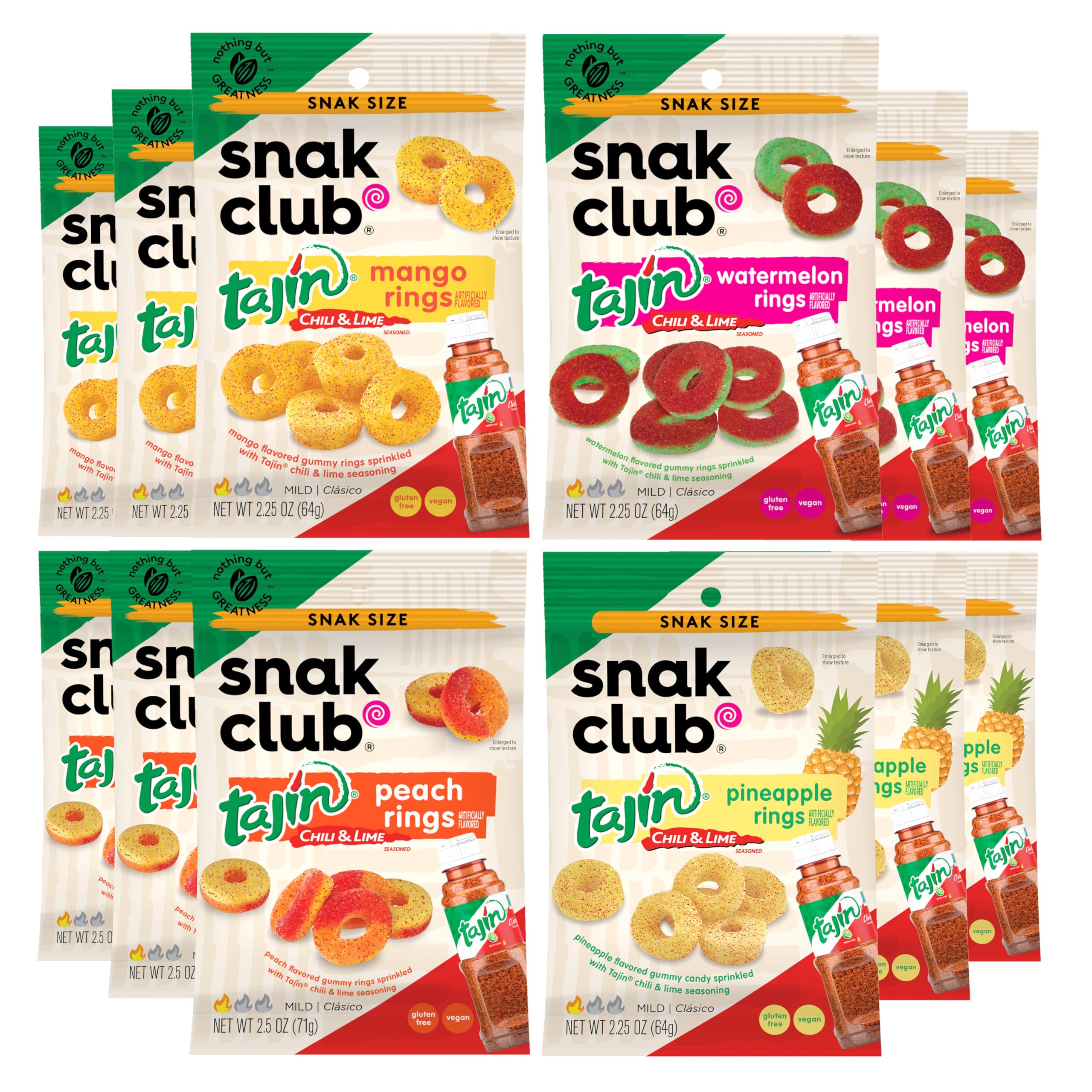 Snak Club Tajin Fruit Rings variety pack, gluten-free vegan snacks, on-the-go appeal.