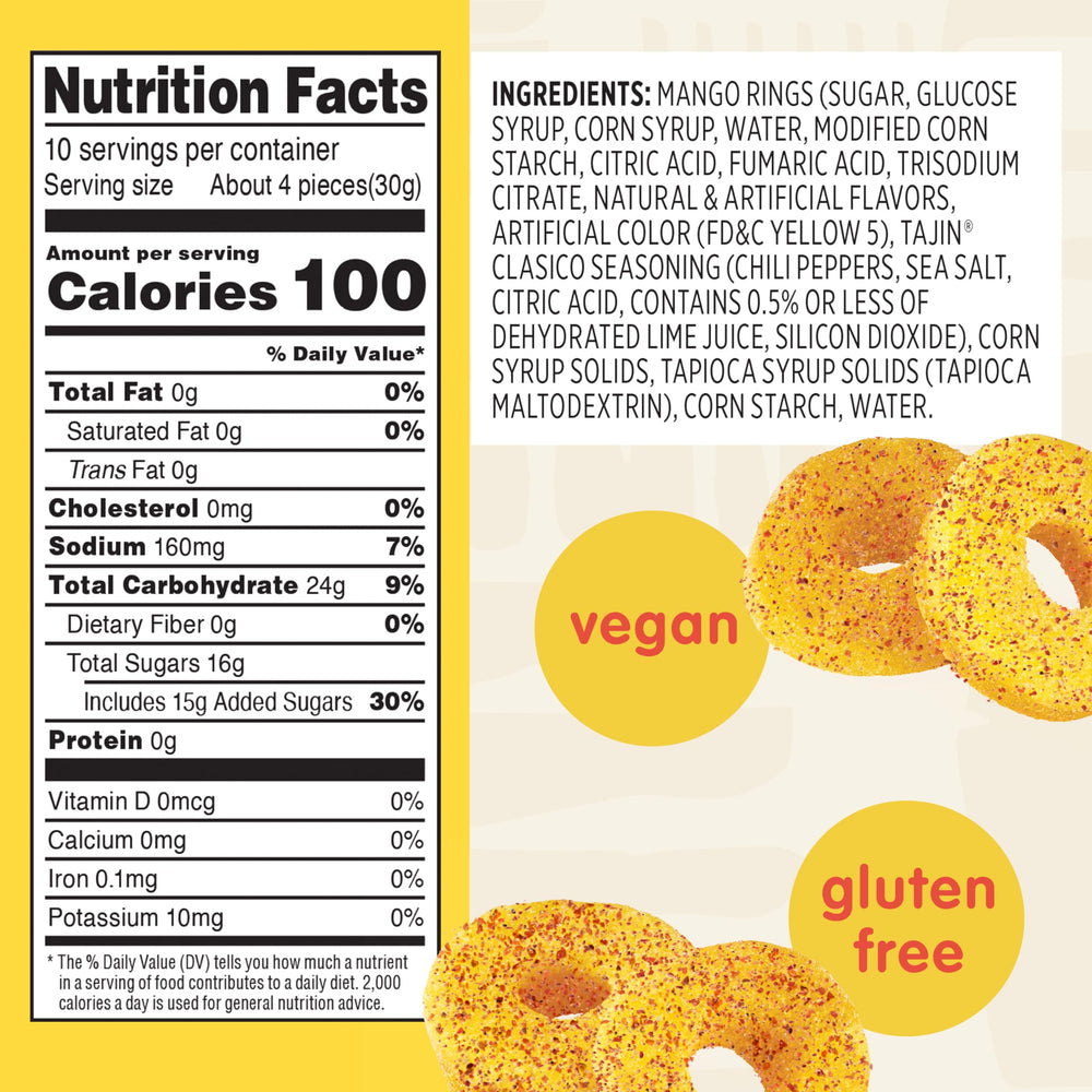 Snak Club Tajin Mango Rings close-up showing Tajín-seasoned mango gummies.