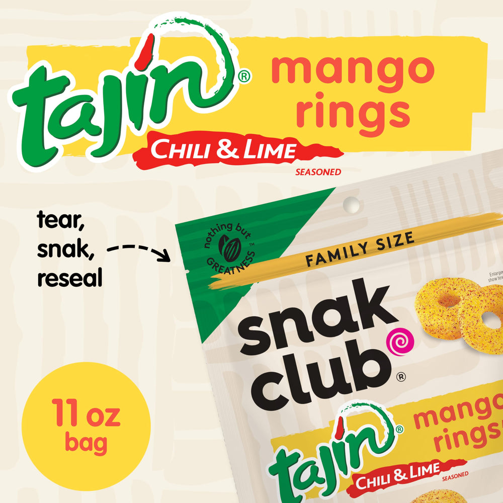 Snak Club Tajin Mango Rings mango gummies with chili-lime seasoning.
