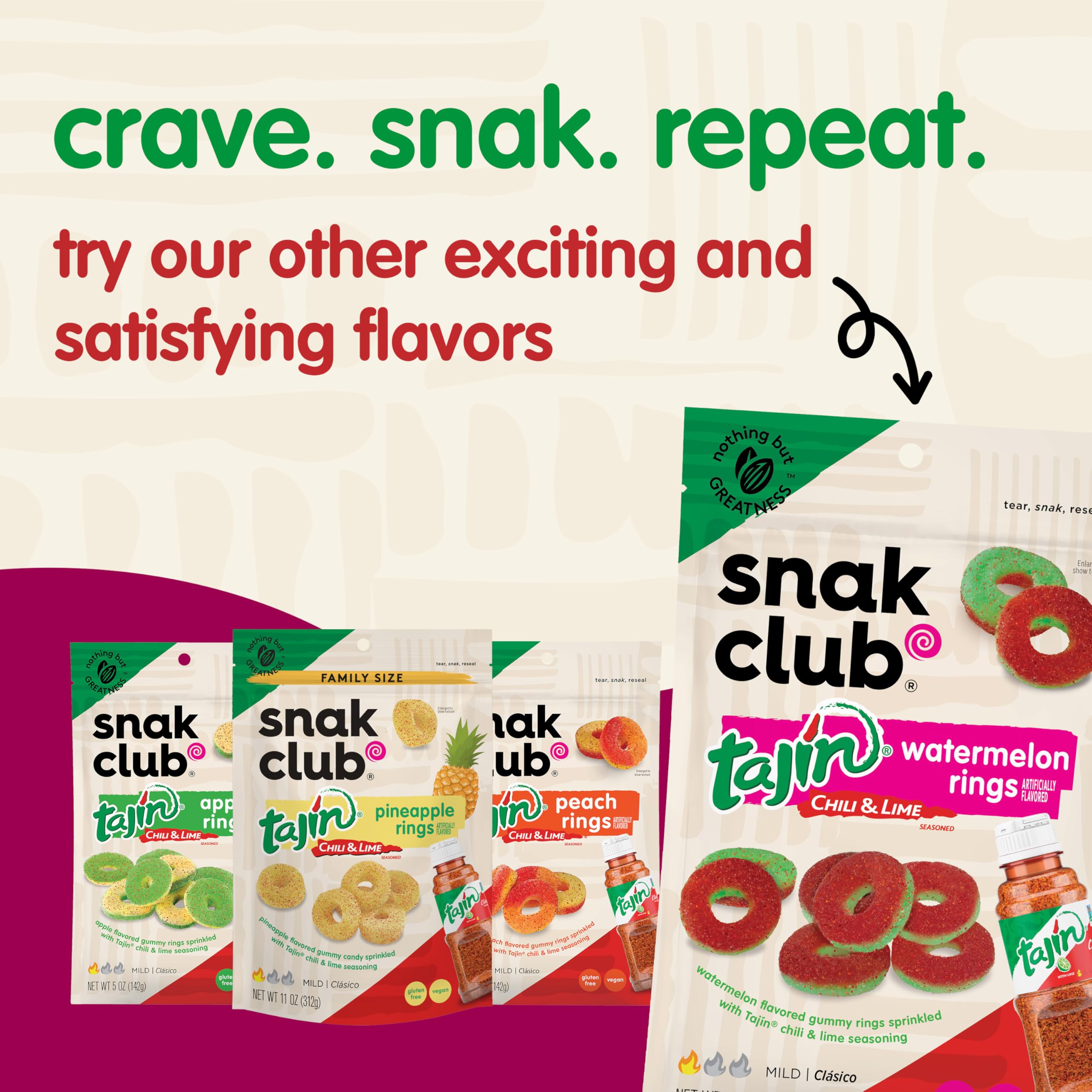Snak Club Tajin Mango Rings ideal for sharing with friends and family.