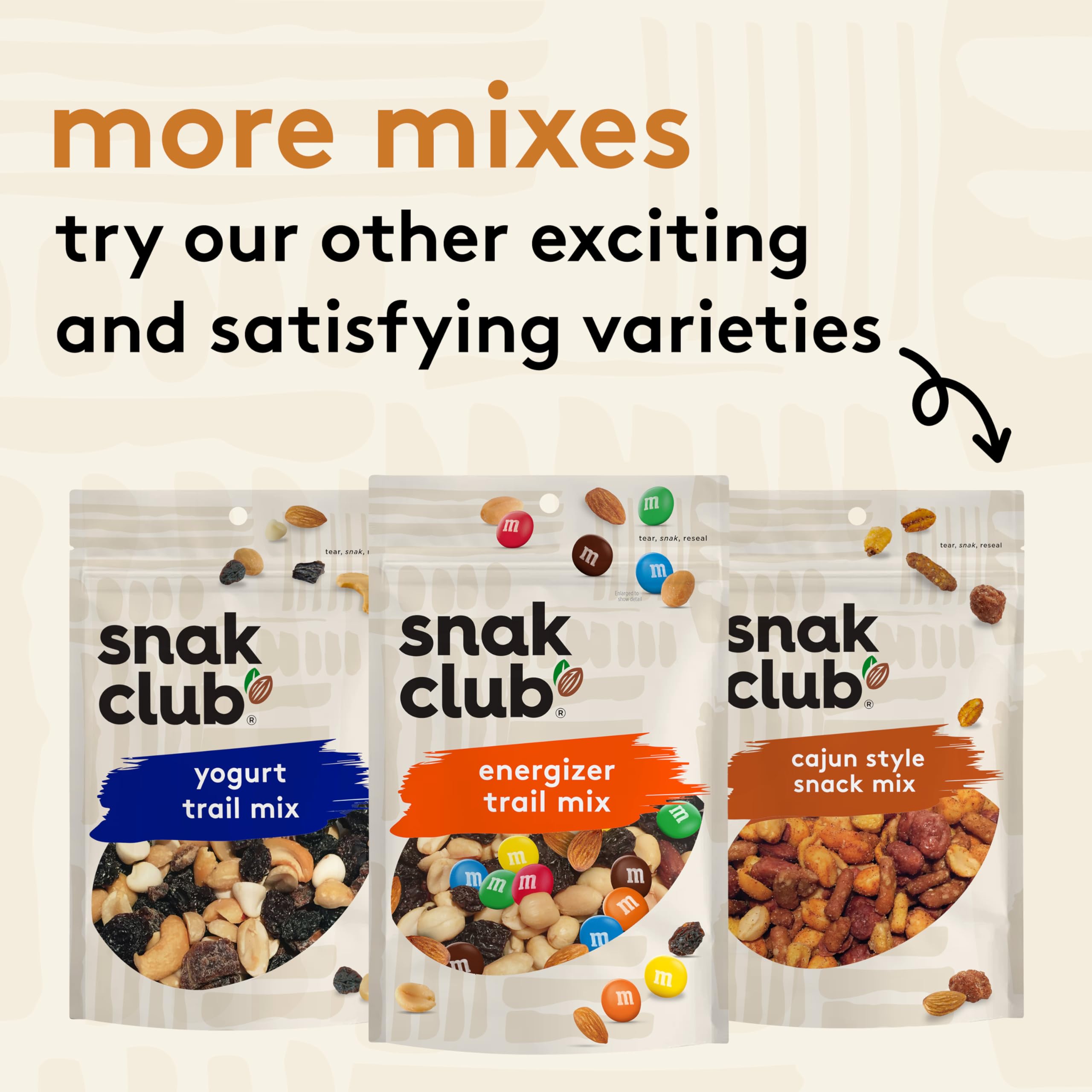 Snak Club texture close up showing nuts candy and pretzels