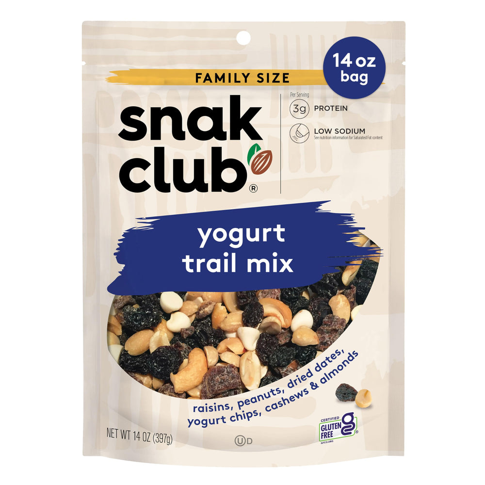Snak Club Yogurt Trail Mix with raisins and nuts in a resealable bag for on-the-go snacking