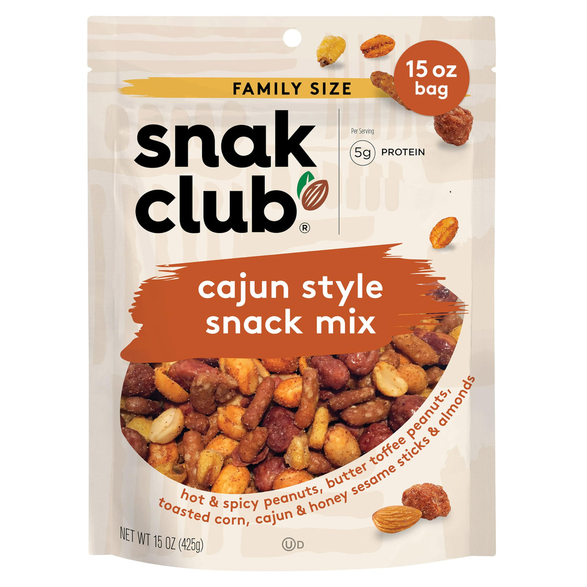 Snak Club Cajun Style Snack Mix in resealable bag for travel freshness