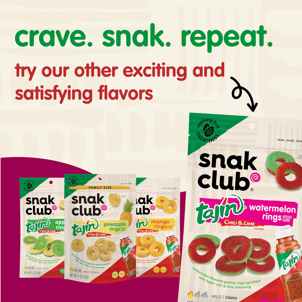 Serving plate with Snak Club Peach Rings for a party-friendly snack.