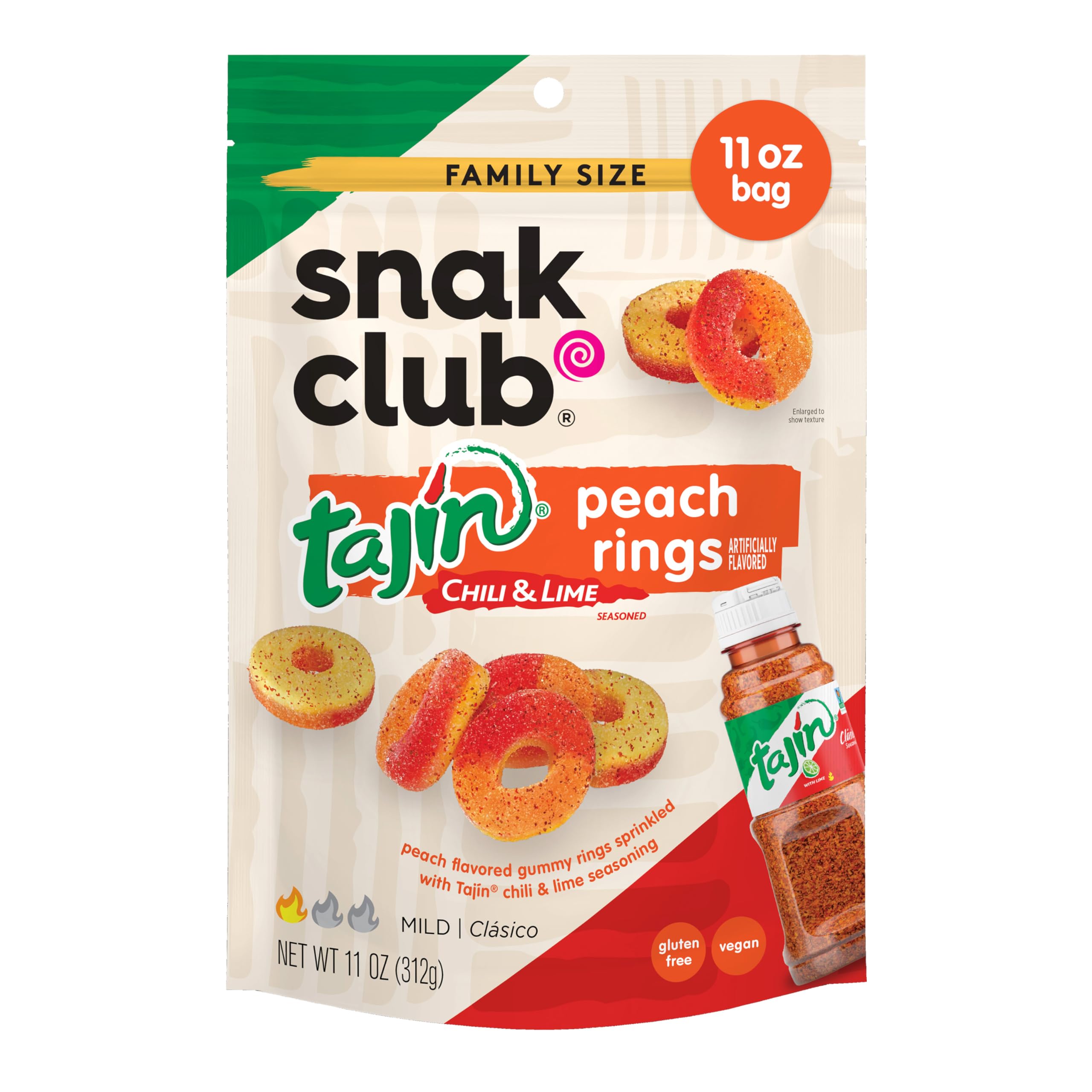 Snak Club Peach Rings Tajín bag: bold sweet-spicy snack for on-the-go.