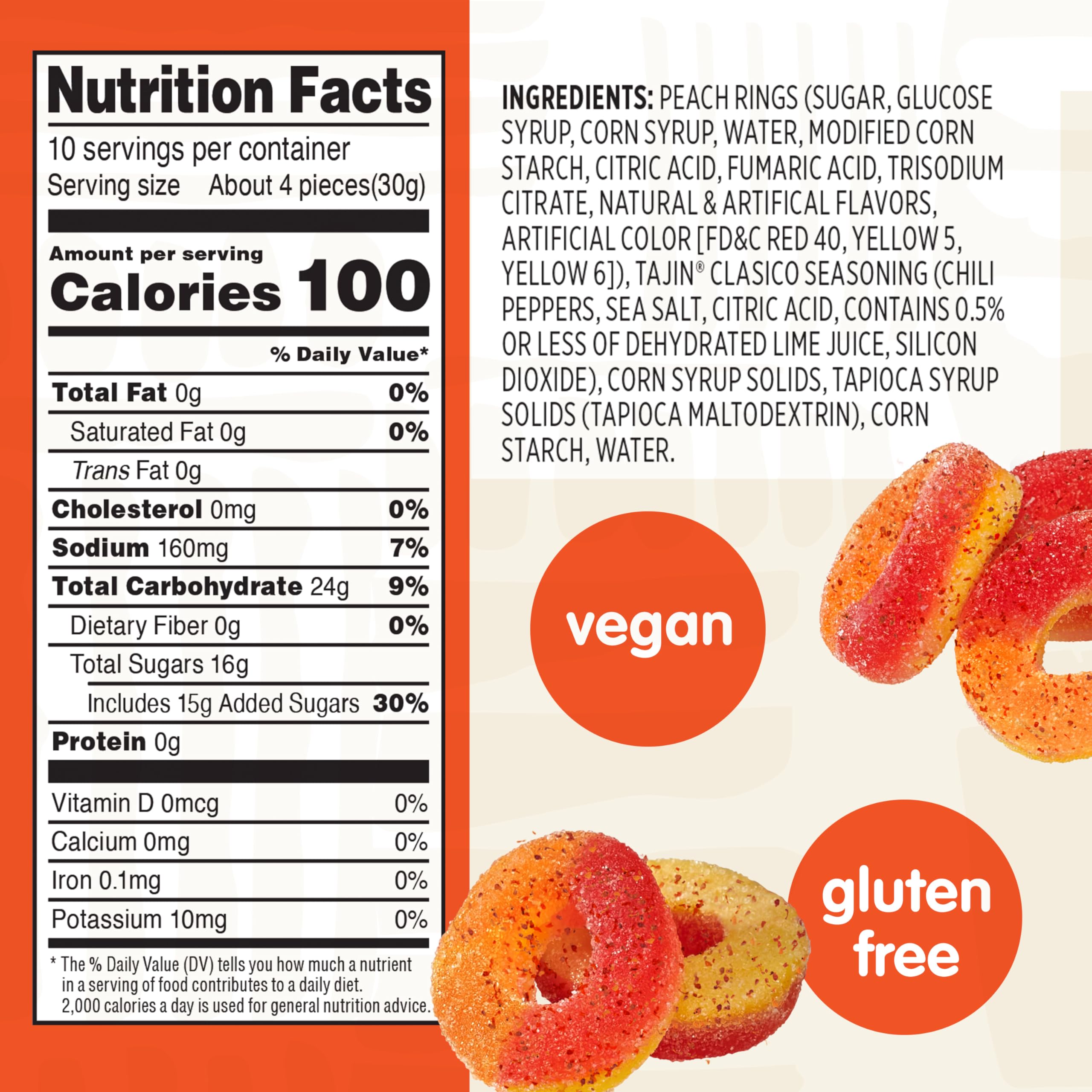 Closeup of Tajín seasoning on Snak Club Peach Rings for zesty flavor.