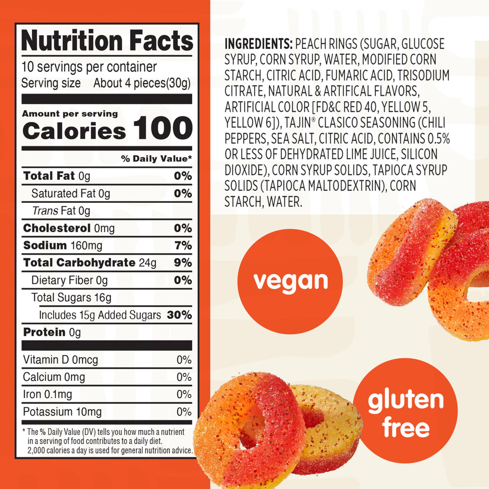Closeup of Tajín seasoning on Snak Club Peach Rings for zesty flavor.