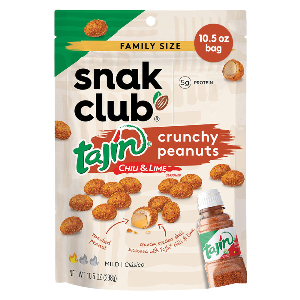 Snak Club Tajin Crunchy Peanuts package front with bold chili lime seasoning for on-the-go snacking