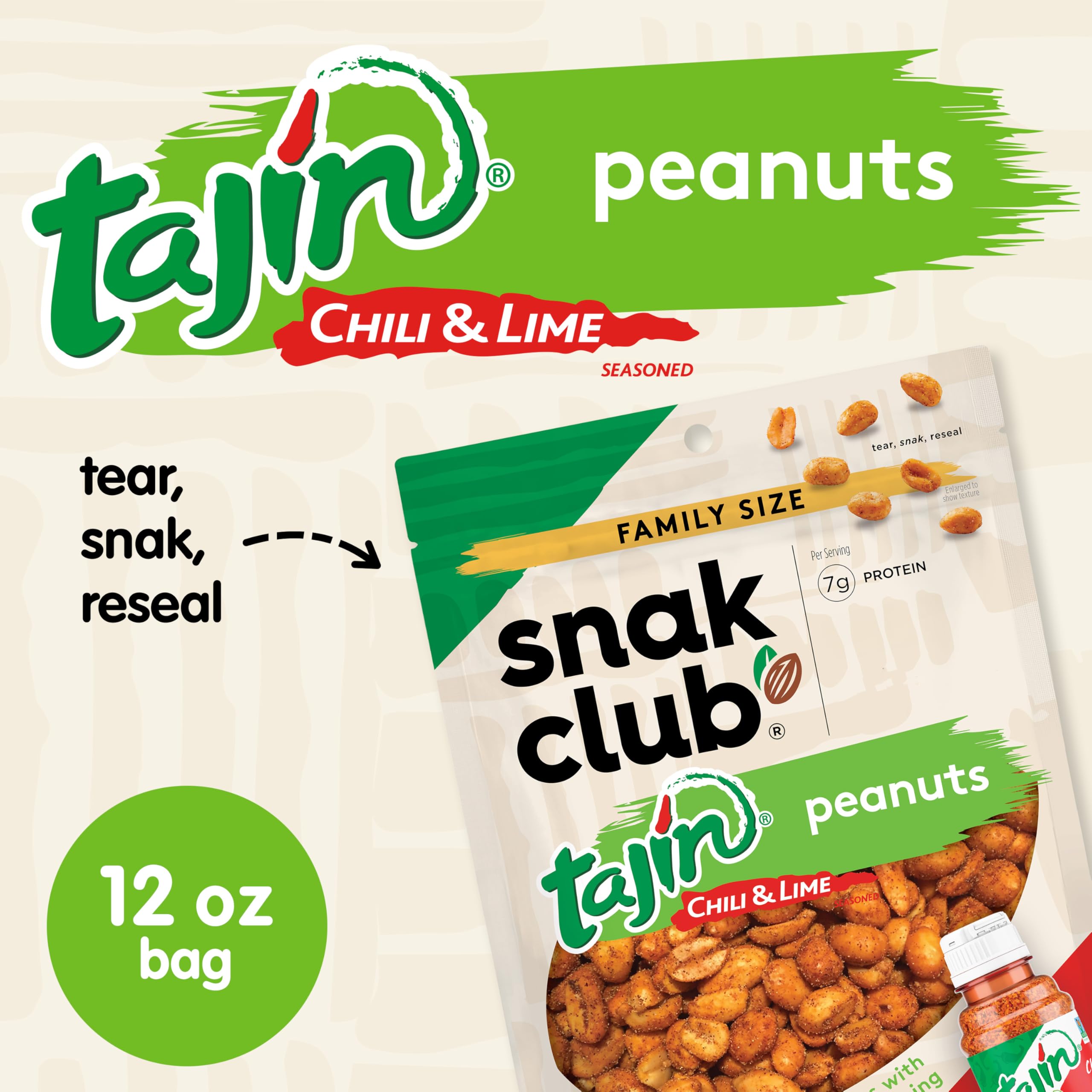Resealable bag keeps Snak Club Tajin Peanuts fresh.