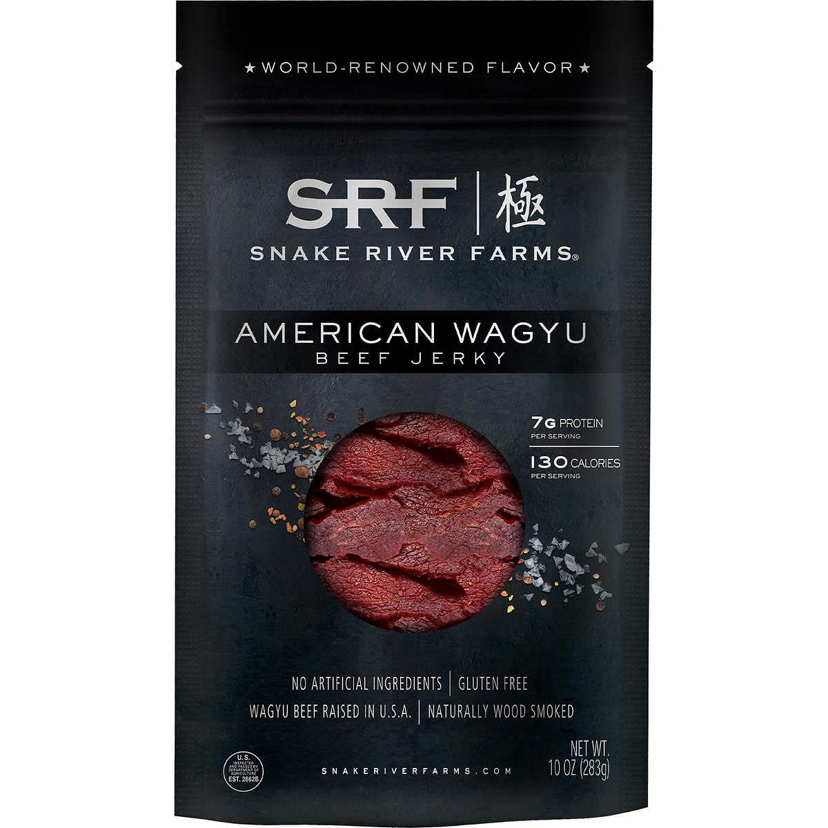 Snake River Farms American Wagyu Beef Jerky close-up slices, perfect on-the-go protein.