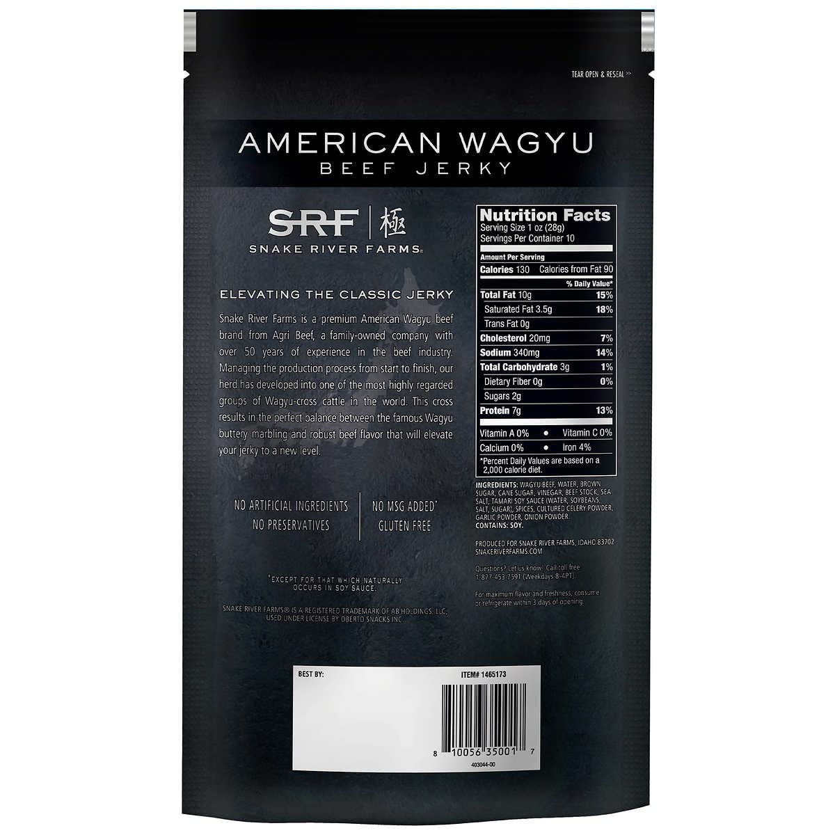 Snake River Farms Wagyu jerky bag view, premium flavor for trail or office breaks.