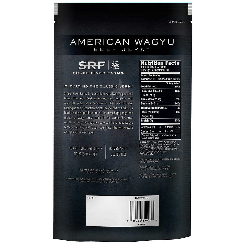 Snake River Farms Wagyu jerky bag view, premium flavor for trail or office breaks.