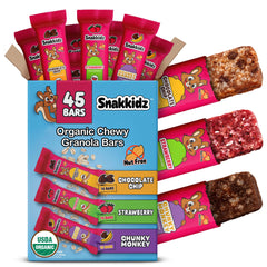 Snakkidz Organic Chewy Granola Bar pack shot for wholesome school snacks and on-the-go energy.