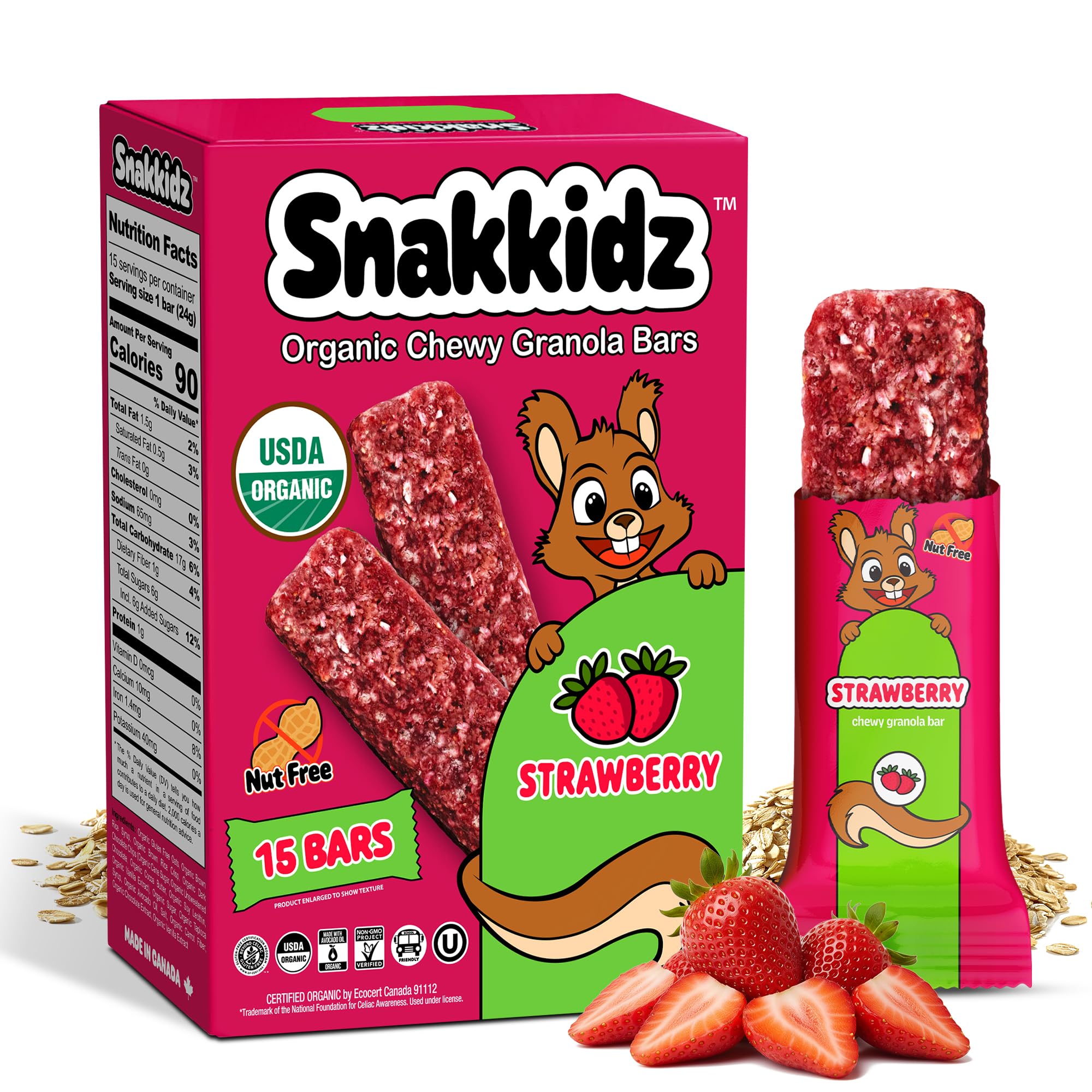 Snakkidz organic chewy granola bars in strawberry packaging for convenient school snacks.