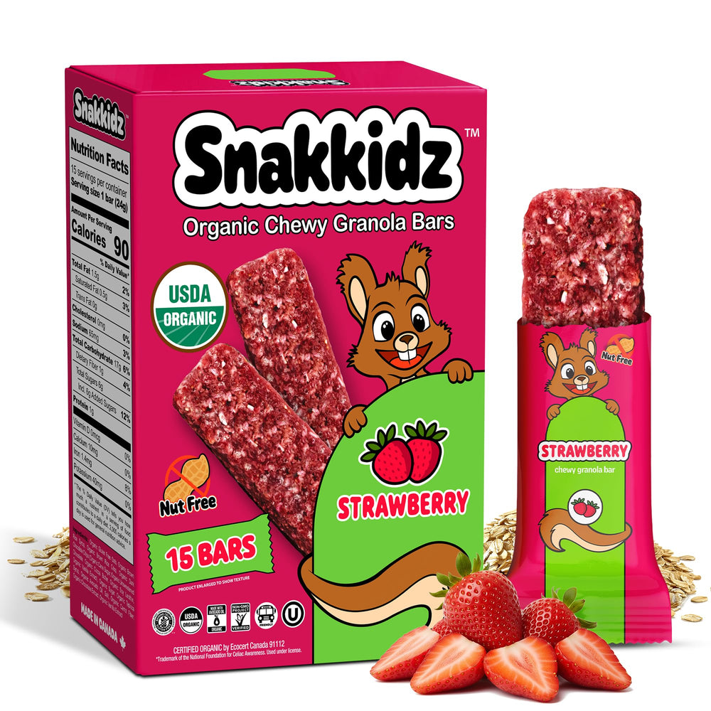 Snakkidz organic chewy granola bars in strawberry packaging for convenient school snacks.