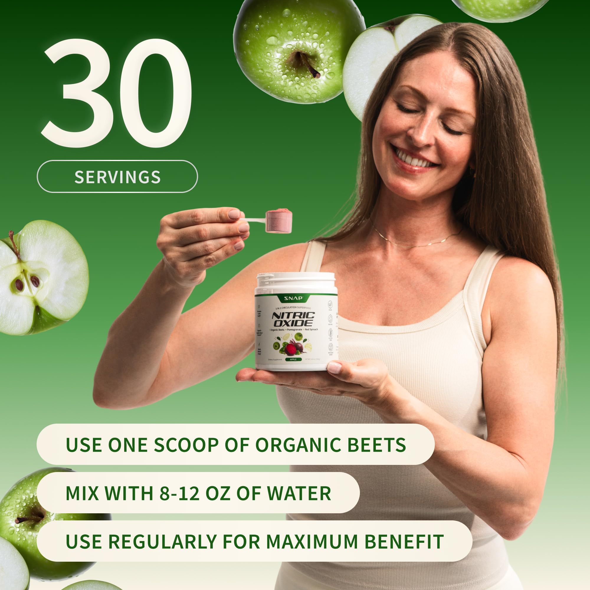 Snap Supplements apple flavor powder in a glass ideal for smoothies.