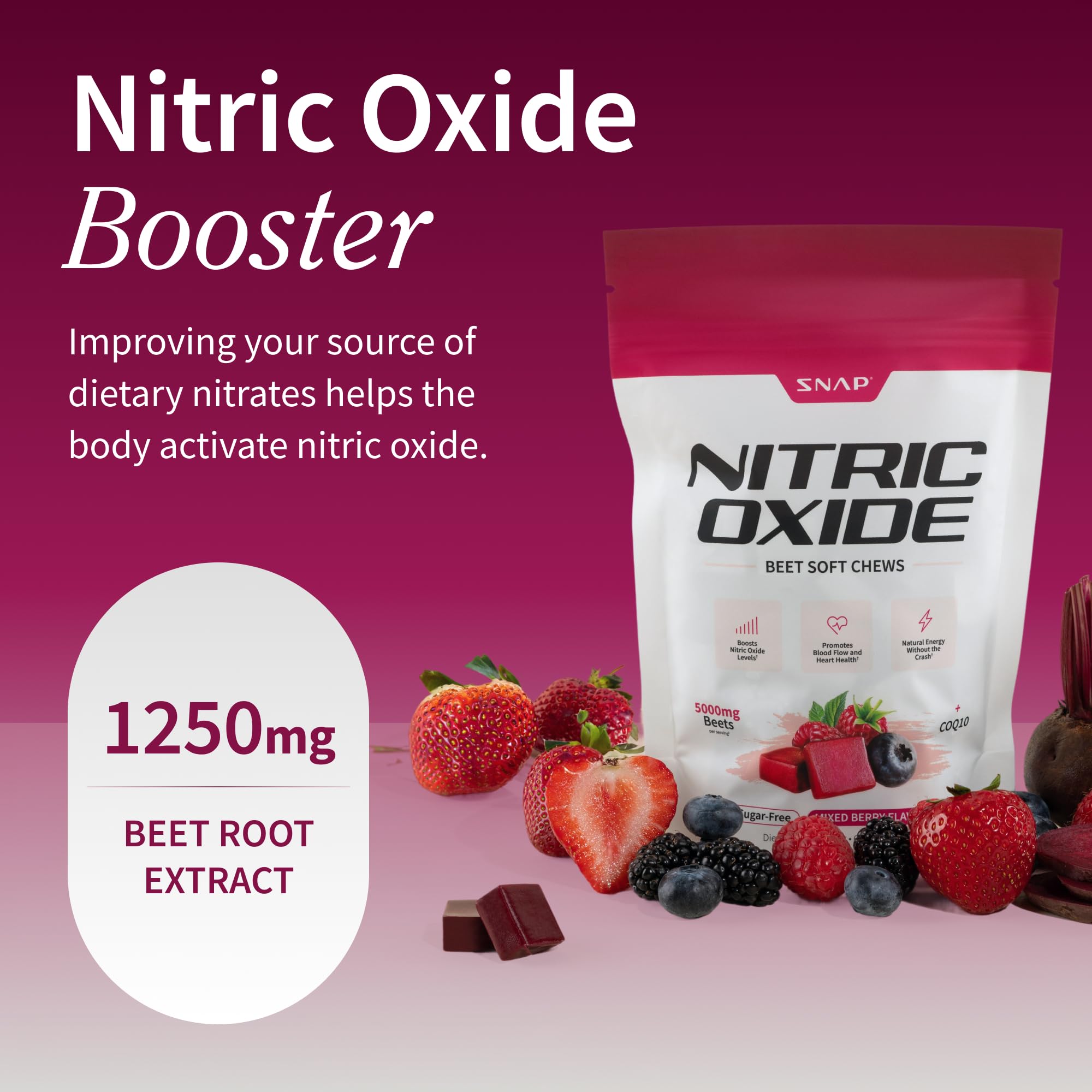 Close-up of Snap Supplements Beet Root soft chews with mixed berry flavor for on-the-go energy.