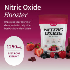 Close-up of Snap Supplements Beet Root soft chews with mixed berry flavor for on-the-go energy.