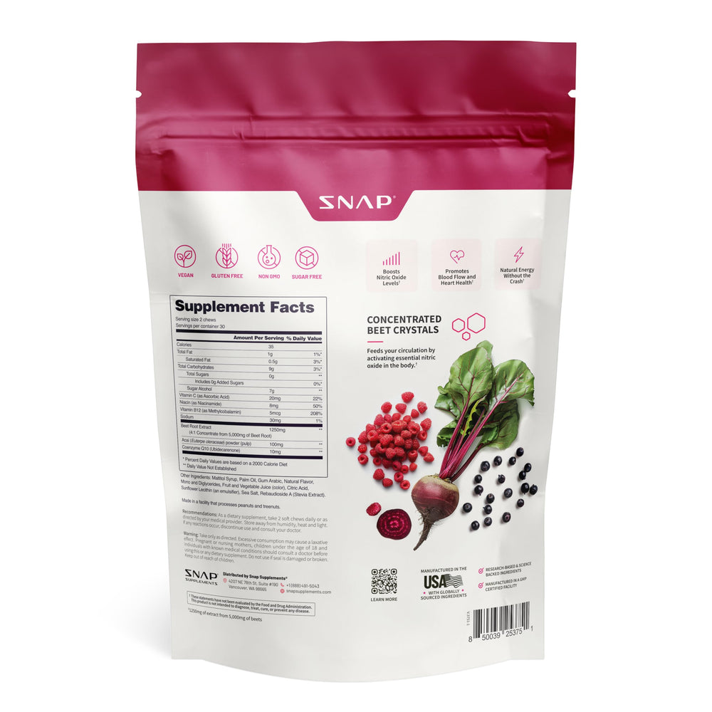 Snap Supplements Beet Root soft chews nutrition panel close-up emphasizing daily vitality.