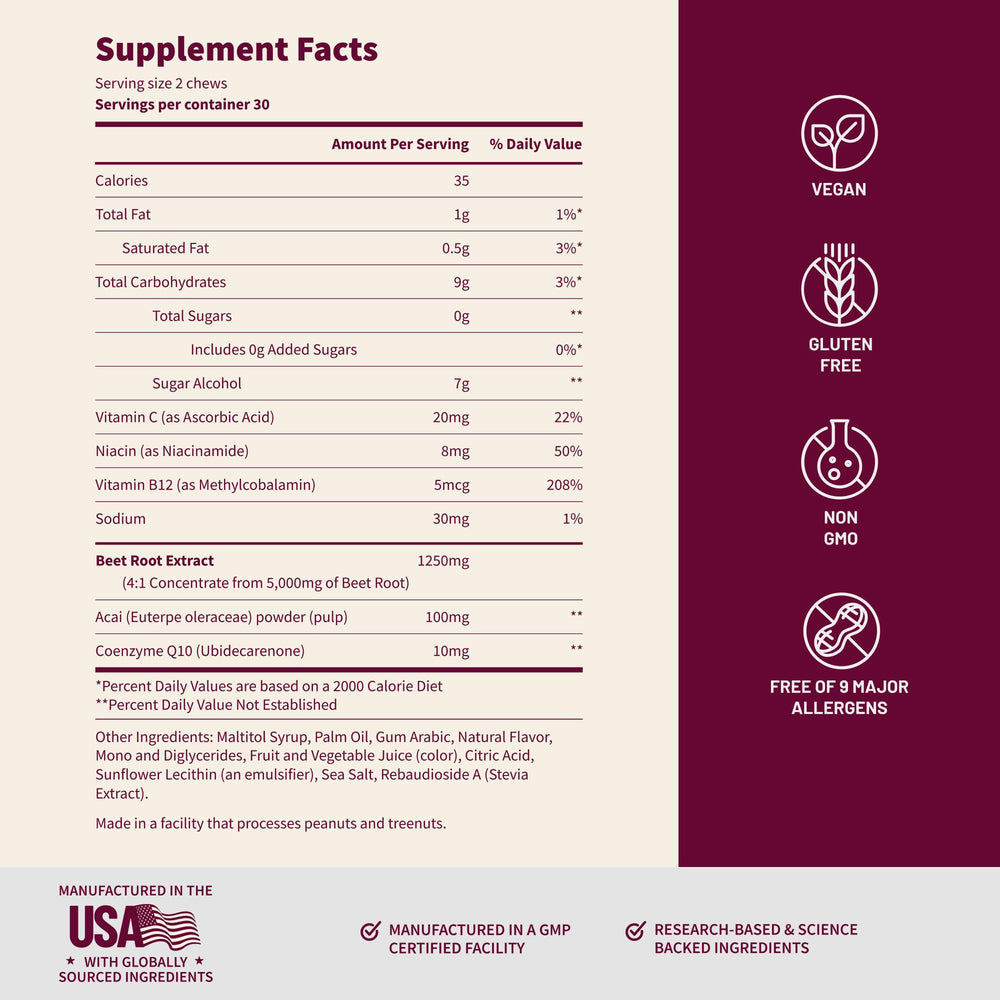 Snap Supplements Beet Root soft chews vegan and sugar-free formula on packaging.