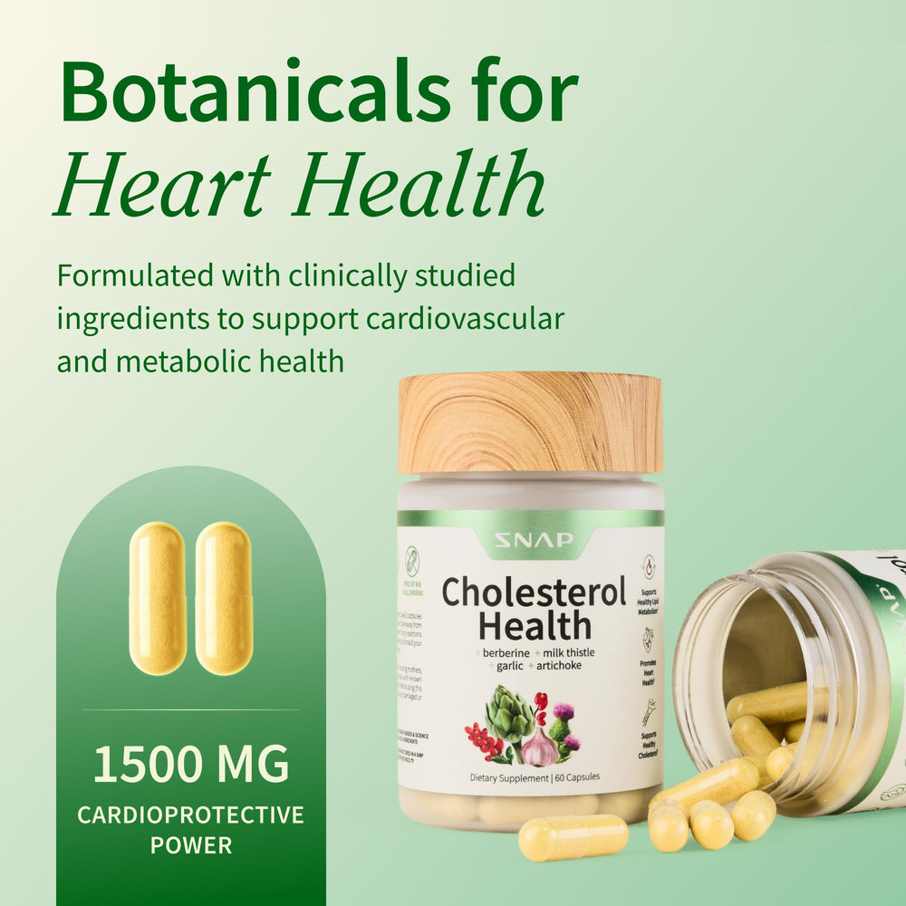 Snap Supplements Cholesterol Health label close-up showing artichoke and plant sterols for healthy fat metabolism.
