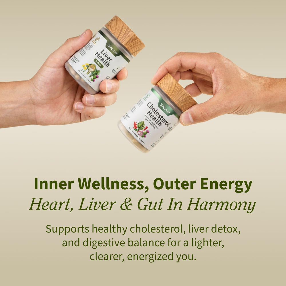 Snap Supplements cholesterol health bottle pouring signaling everyday wellness.