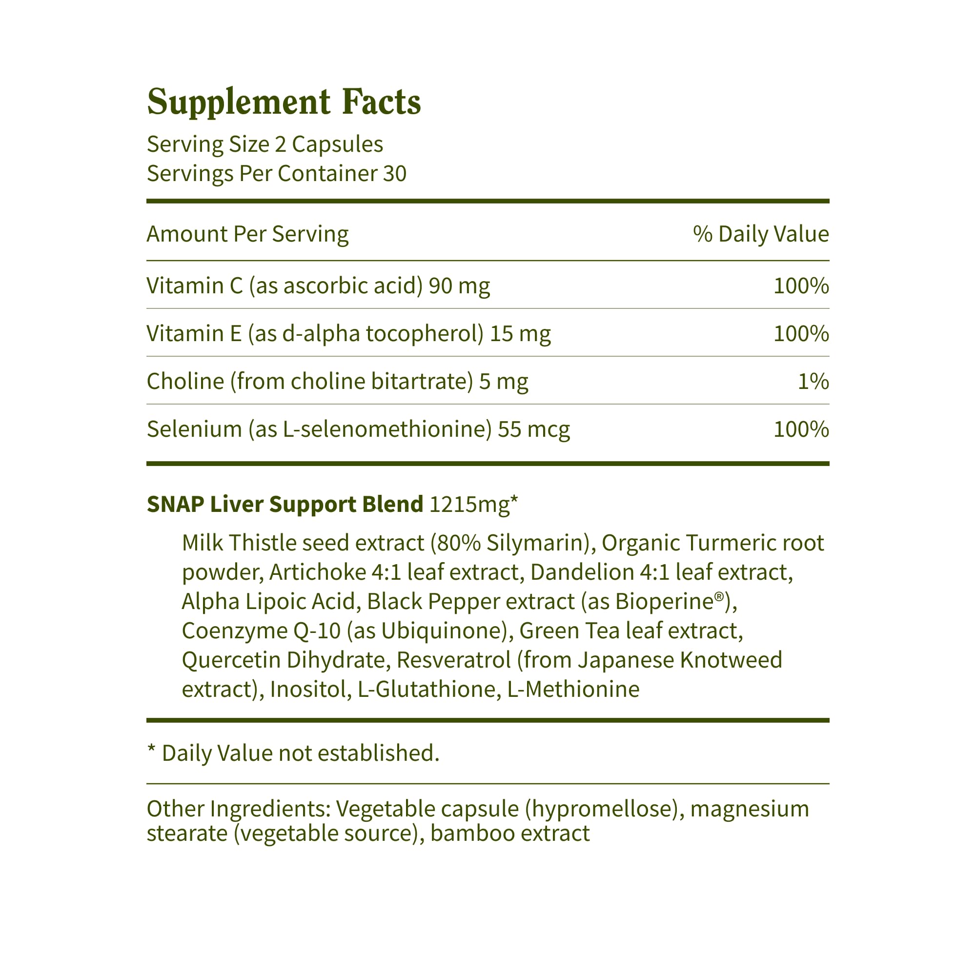 Snap Supplements ingredients label shows milk thistle and turmeric for plant-based support.
