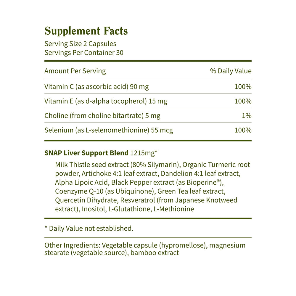 Snap Supplements ingredients label shows milk thistle and turmeric for plant-based support.